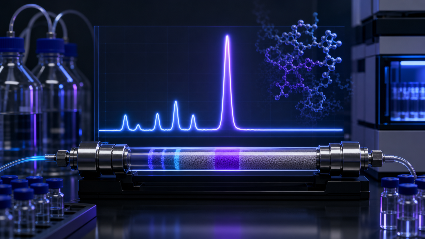 Dark scientific rendering of a chromatography column separating peptide and impurity bands with a glowing chromatogram.