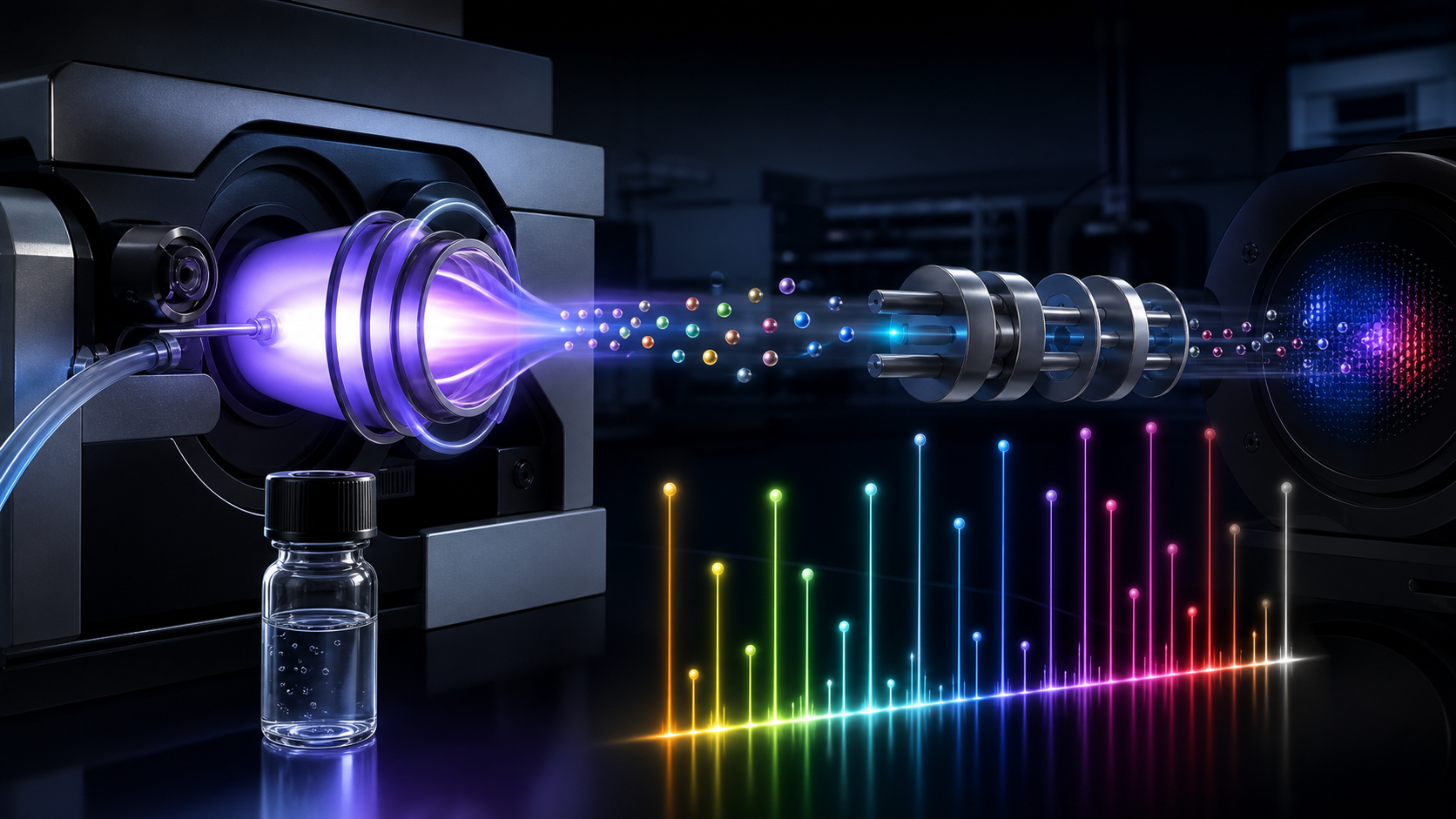 Dark scientific rendering of a plasma torch ionizing trace metal ions for elemental impurity analysis.