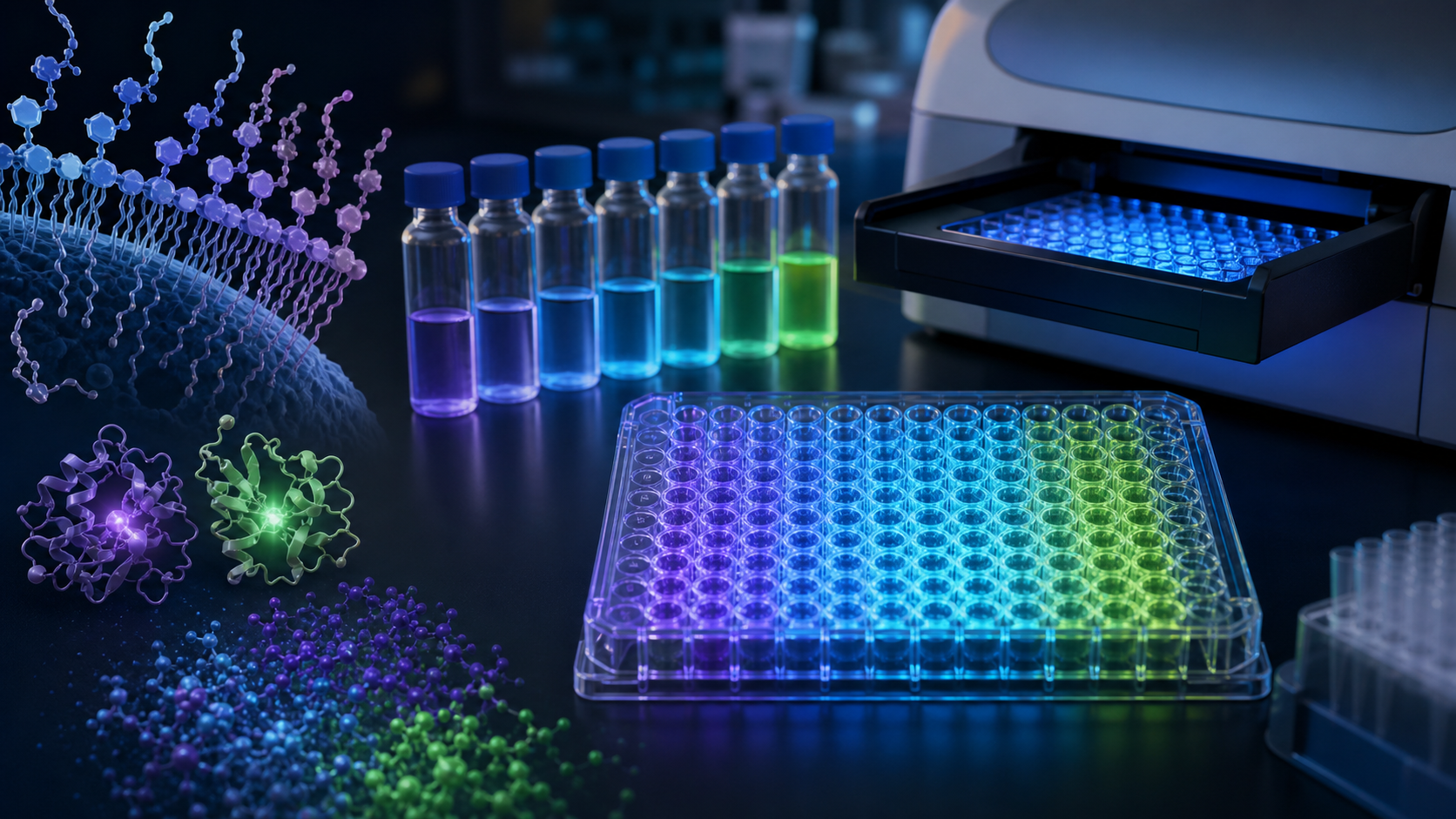 Dark scientific rendering of a fluorescence plate reader and microplate endotoxin assay with glowing wells.