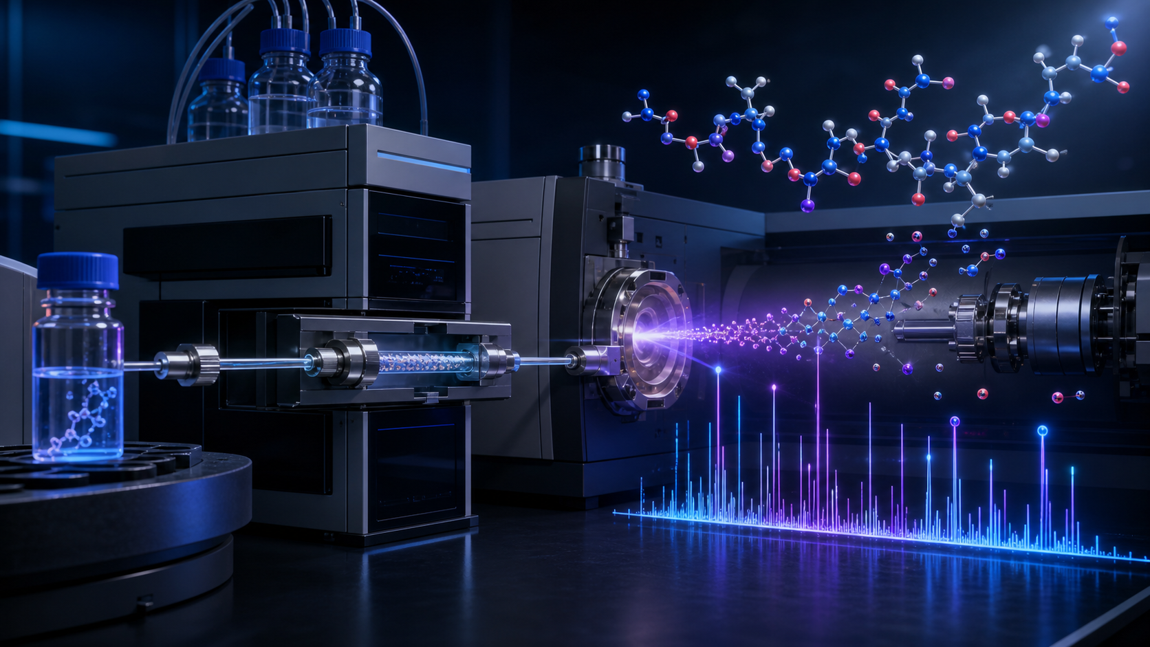 Dark scientific rendering of a peptide sample flowing from liquid chromatography into a mass spectrometer with spectral peaks.