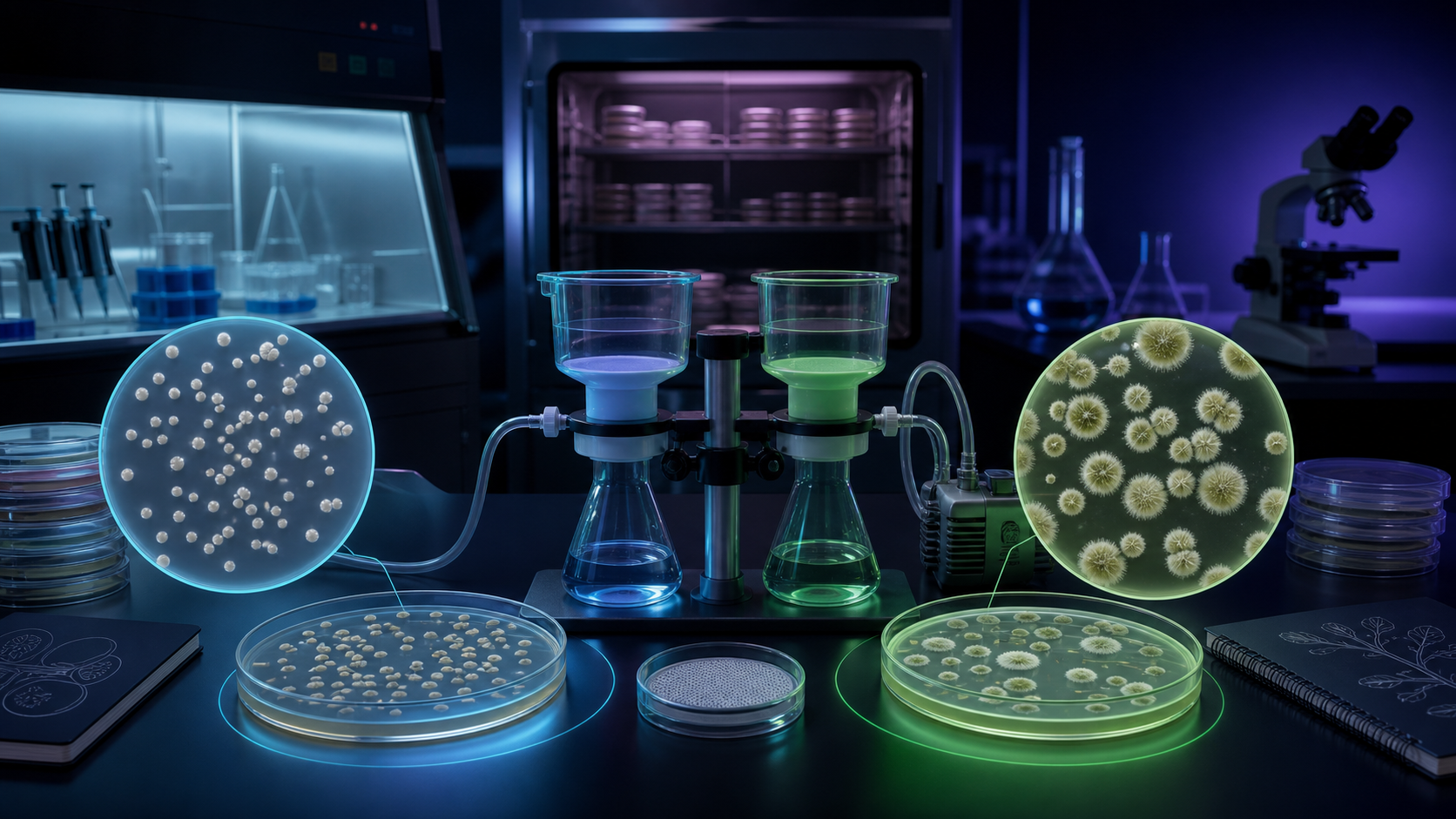 Dark scientific rendering of petri dishes, membrane filtration, and controlled microbial colony enumeration.
