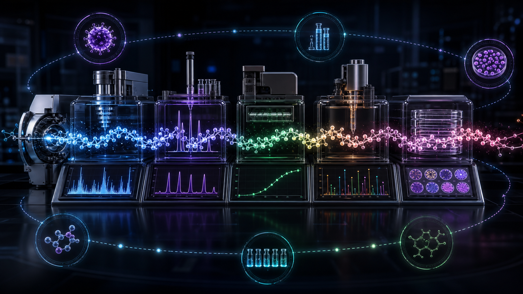 Dark scientific educational rendering of a peptide testing path with analytical instruments and data signals.