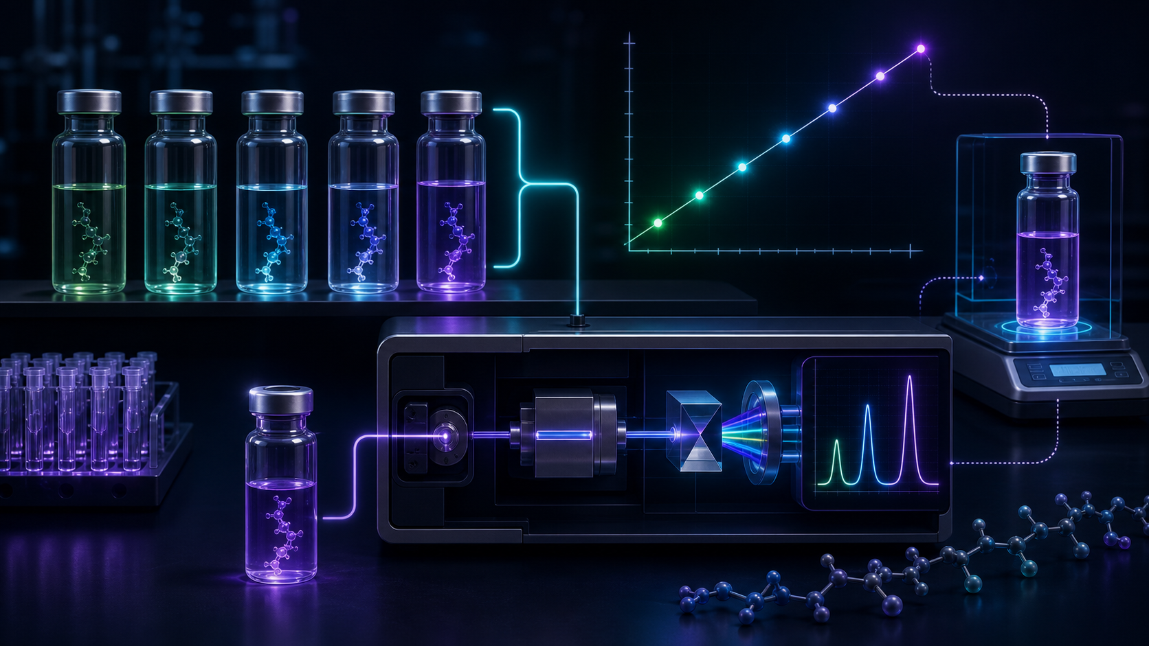 Dark scientific rendering of calibrated peptide reference vials, detector optics, and a calibration curve.