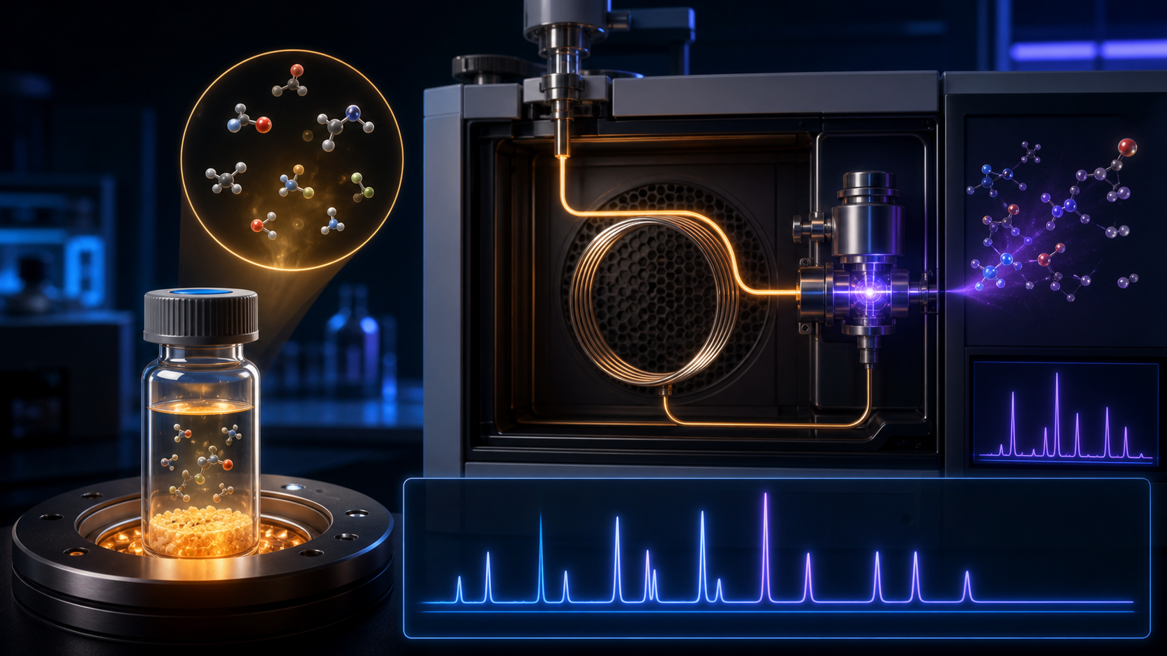 Dark scientific rendering of heated headspace vials, a gas chromatograph oven, and a chromatogram trace.