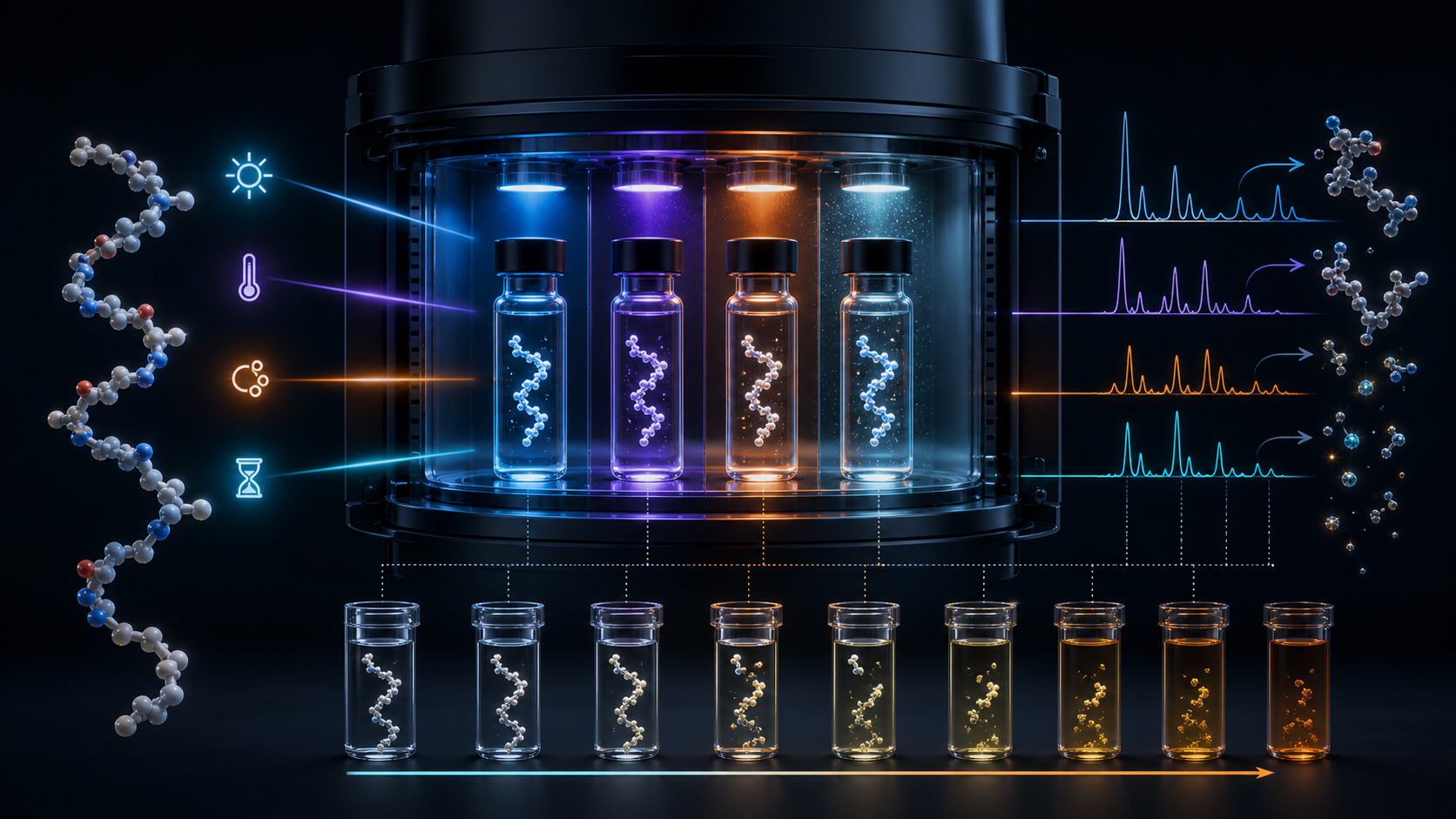 Dark scientific rendering of peptide vials in controlled light, heat, oxidation, and time conditions with chromatographic traces.