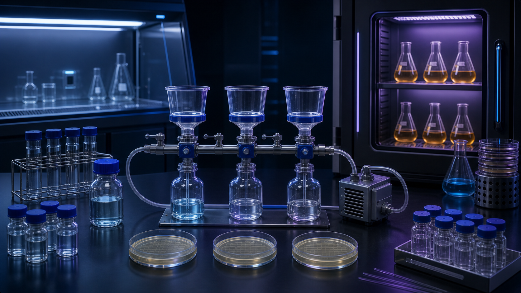 Dark scientific rendering of sterile membrane filtration units, media vessels, and incubator flasks with no visible growth.