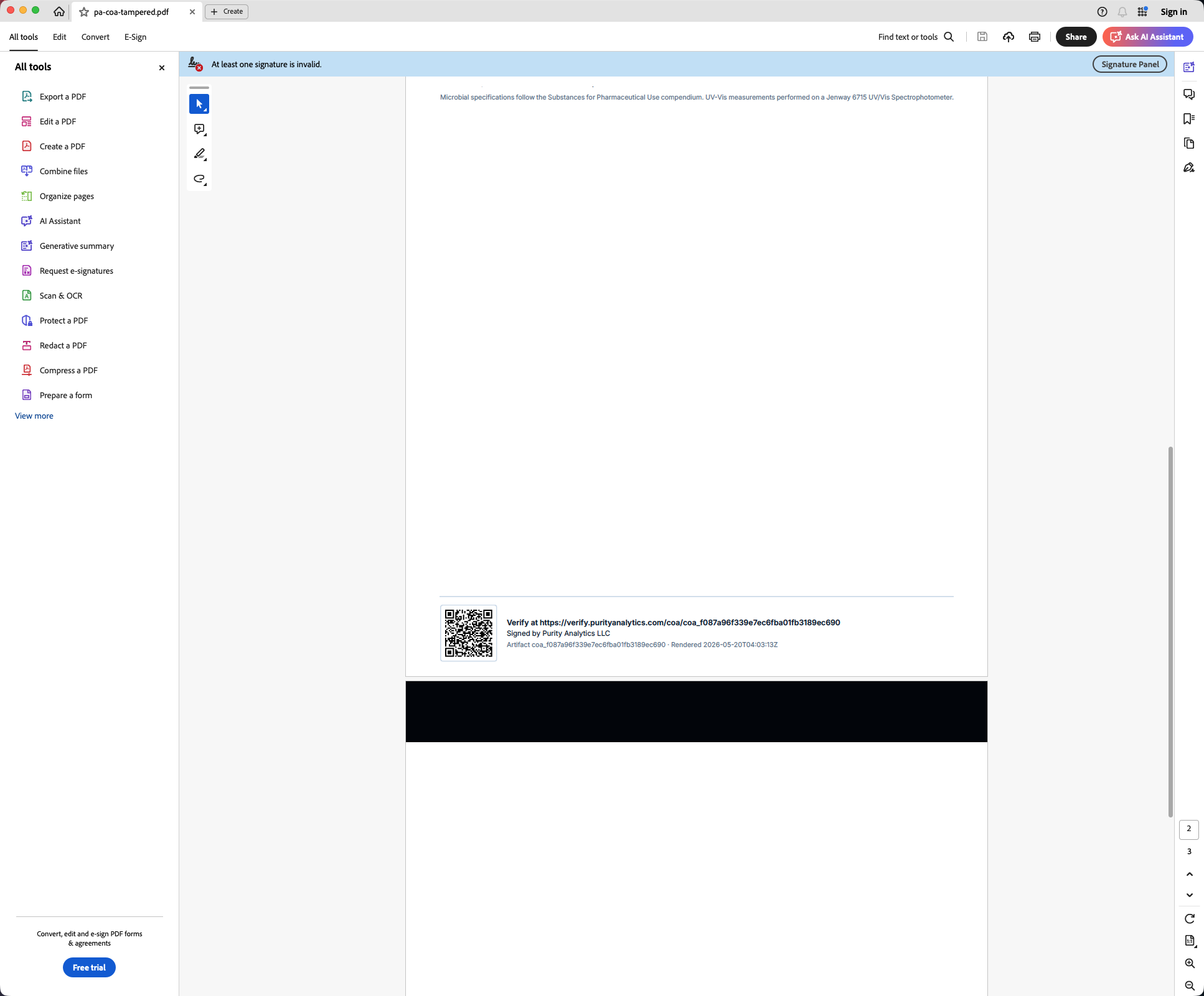 Adobe Acrobat Reader window showing the tampered Purity Analytics COA. A red banner across the top of the document reads 'At least one signature is invalid.'