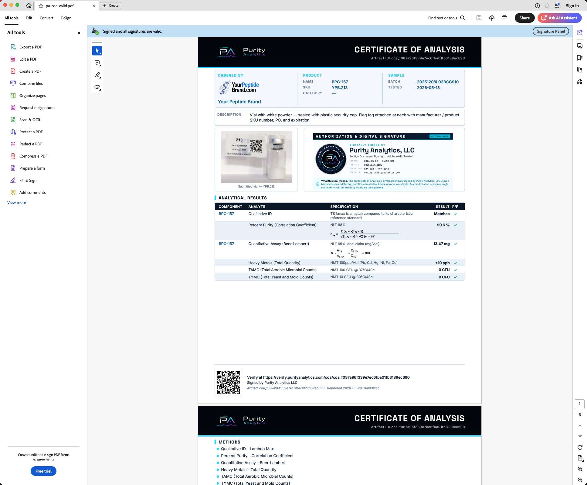 Screenshot of Adobe Acrobat Reader showing a blue 'Signed and all signatures are valid' banner across the top of a Purity Analytics Certificate of Analysis.