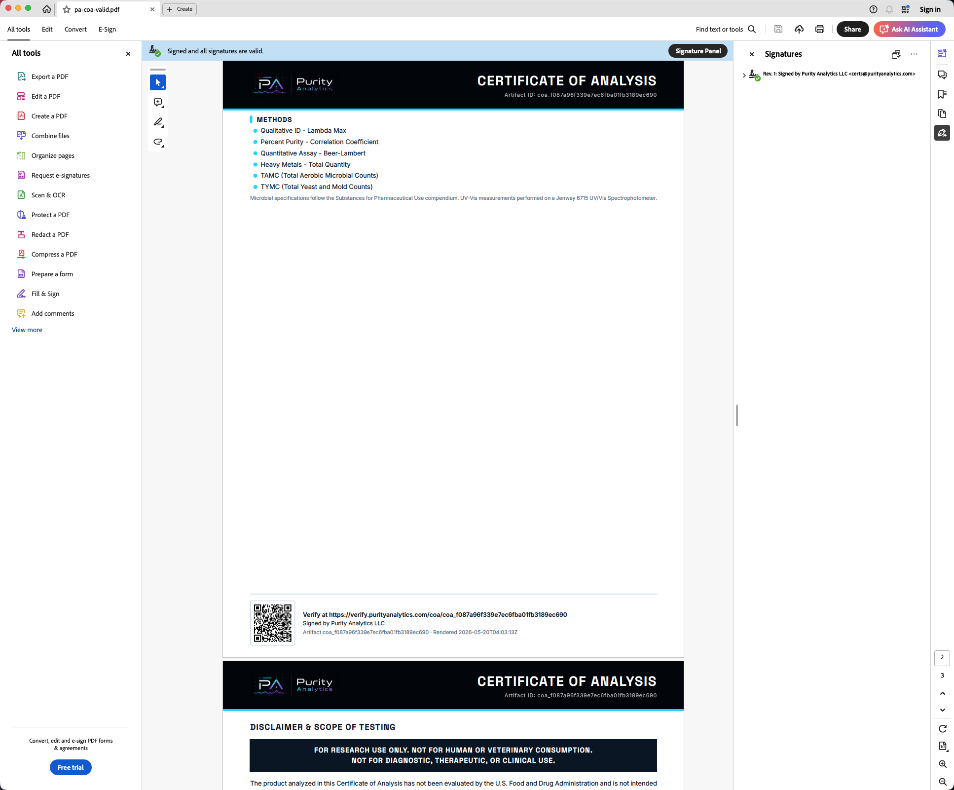 Adobe Acrobat Reader with the Signatures side panel open on the right, listing 'Rev. 1: Signed by Purity Analytics LLC' next to a green validity icon. The Signature Panel button is visible at the top of the blue trust banner.