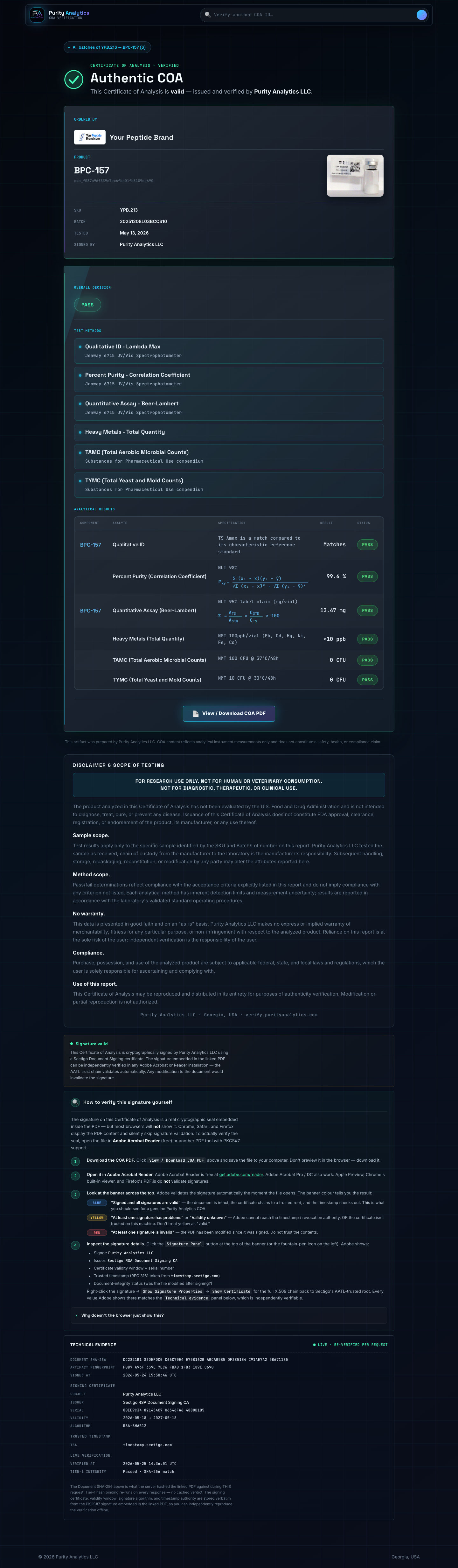 Full Purity Analytics verify page for a valid signed COA, showing the product header, test results, COA PDF download button, the green 'Signature valid' status pill, the how-to-verify panel, and the technical evidence receipts.