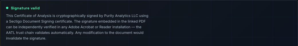 Screenshot of the green 'Signature valid' status pill rendered on a Purity Analytics verify page.